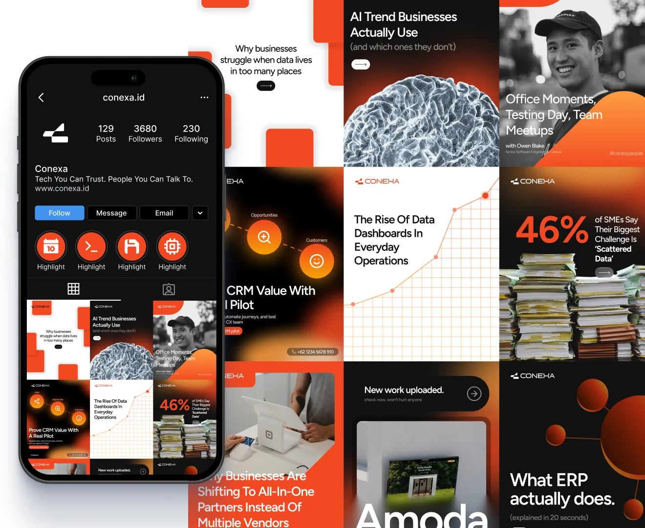 Conexa — Instagram feed and profile mockup